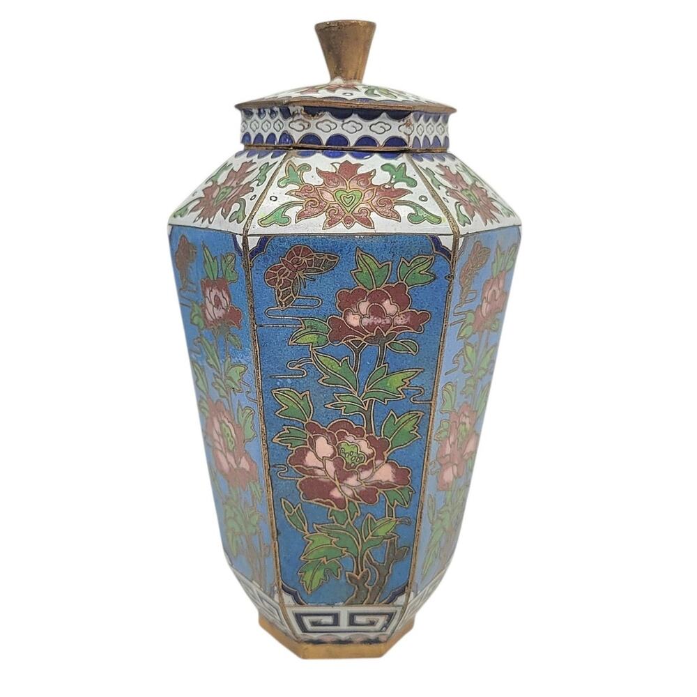 Vintage Chinese Cloisonné Blue Peony Butterfly Hexagonal Lidded Ginger Jar Decor